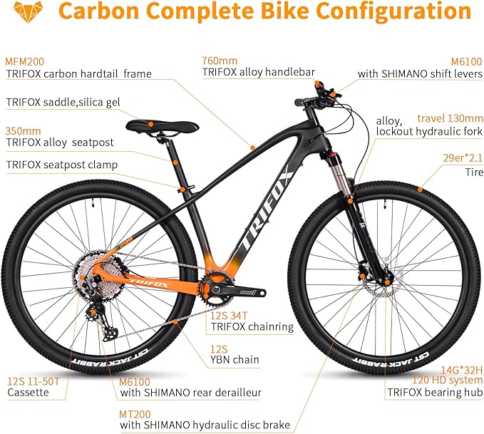 TRIFOX Carbon Fiber Mountain Bike,29er Carbon Mountain Bike with Shimano M6100 Deore Groupset 12-Speed,Carbon Fiber Frame,Hydraulic Fork 130mm Travel,/17/19 inch