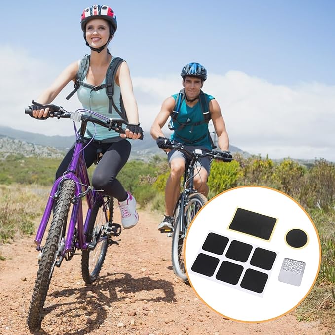 40 Pcs Bicycle Tire Repair Kit Glueless Bike Tube Patche Includes 36Pcs Self Adhesive Round Square Rectangle Patches and 4Pcs Metal Rasps with Box for Road Mountain Bikes Cycling