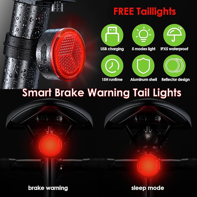 Victagen Bike Light 12000lm Bike Lights for Night Riding, Waterproof Lights for bike Rechargeable Front Bike Headlight and Taillight, High & Low Beam, 10000mAh ultra long endurance bike lights