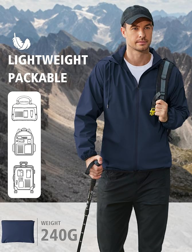 COOFANDY Men's Light Rain Jacket with Hood Packable Waterproof Raincoat Golf Rain Gear Travel Hiking Windbreaker