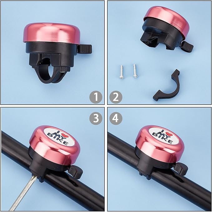 CREATCABIN I Love My Bike Bicycle Bell Aluminum Alloy Bike Bells Ring Round Pink Loud Sound Cycling Handlebars Bells with 4Pcs Resin Stickers