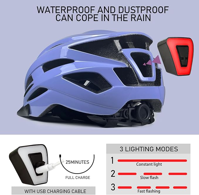Bike Helmet for Adult Men Women with Multi-Mode Rear LED Light, with Suggested Fit 56-62cm, Lightweight with Adjustable Dial, Side and Chin Strap, Carbon Black Shiny Surface