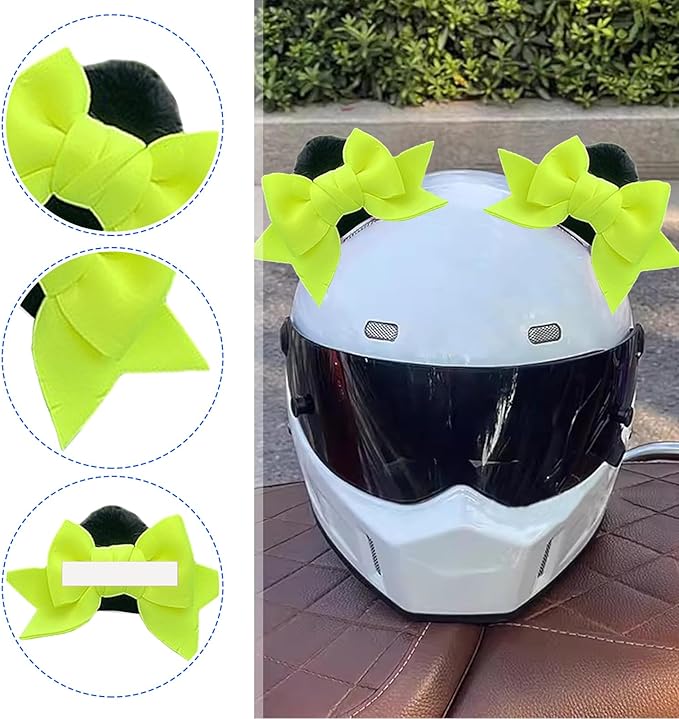 2 PCS Bow Ears Motorcycle Helmet Decor, Cute Cartoon Cat Ears Helmet Decoration, Removable Self Adhesive Motorcbike Bow Accessories, Universal for Most Ski, Bike & Motorcycle (Green)