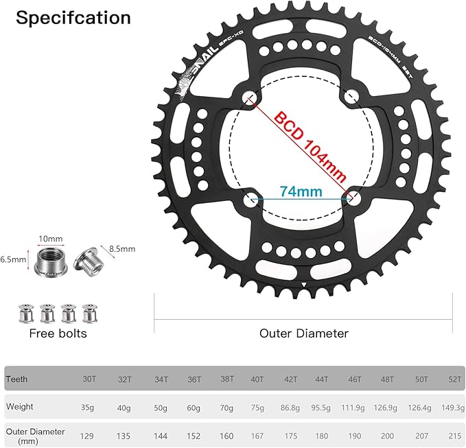 CYSKY 104 BCD Chainring 30T to 52T Narrow Wide Chainring with Sprocket Bolts for 1x Set-up Road Bike Mountain Bike BMX MTB Gravel Ebike