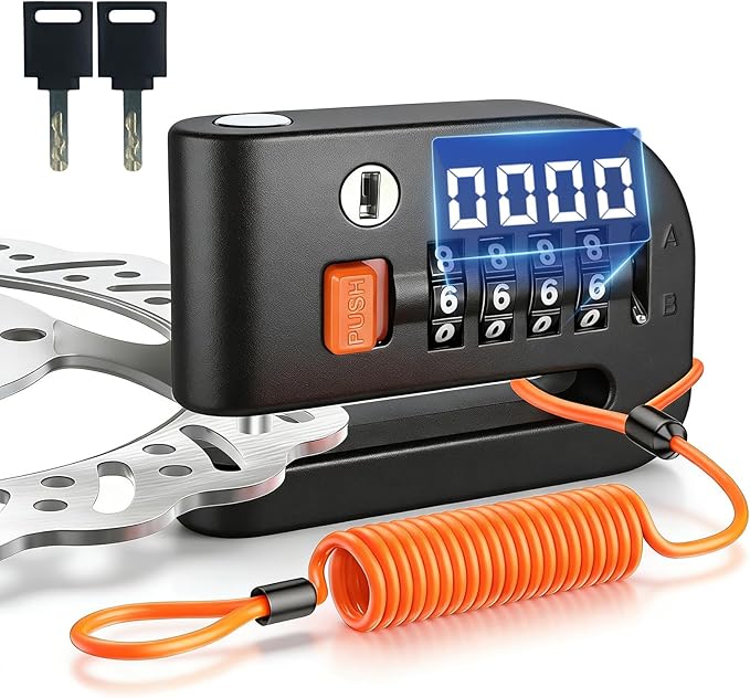 Motorcycle Disc Brake Lock, Motorcycle Locks Anti-Theft High Security 4-Digit Code Wheel Brake Lock Waterproof Alloy with Reminder Cable and Keys for Motorbike, E-Bikes, Scooters, Mountain Bike