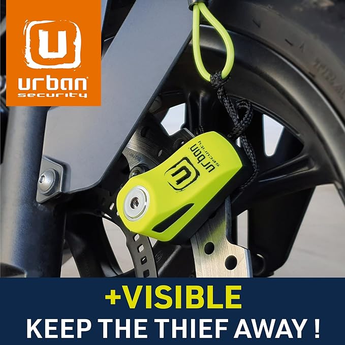 URBAN UR955Y Motorcycle Disc Lock, Compact and Effective Security, More Visible More Deterrent, Quick Click Locking, Universal Anti Theft Wheel Brake Lock for Motorbike Scooter Electric Bike Bicycle