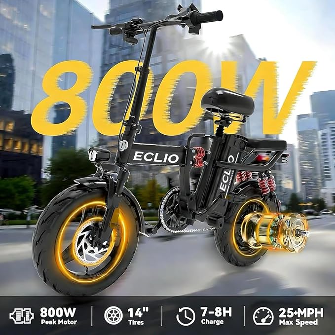 Folding Electric Bike, Peak 800W Motor 25MPH,48V 14Ah Removable Battery 55Miles Ebike,14'' Lightweight Adults Electric Bicycles for Men/Women/Teens,Mini E-Bike,Full Suspension