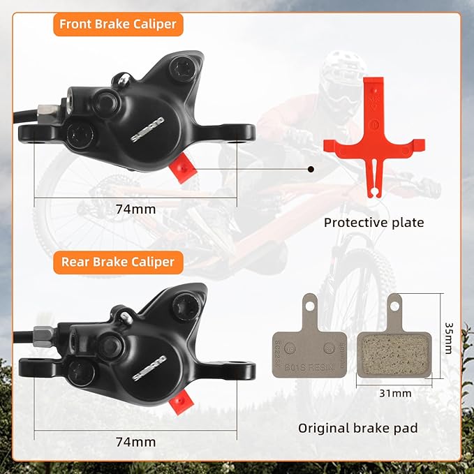 MT200 E-Bike Hydraulic Disc Brakes Set, 2-Pin 2-Piston Ebike Hydraulic Brakes Set with 160mm Rotors, Pre-Bled with Mineral Oil Electric Power-Off Hydraulic Brakes for eBike, MTB, Electric Scooters