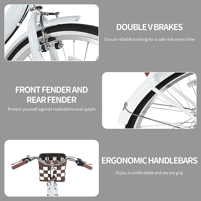 26 Inch Foldable Beach Cruiser Bike Womens Bicycle with Basket, 7 Speed Bikes for Women, Womens Bike Commuter Bicycle for Adult, Dual V-Brake Complete Cruiser Bikes, 330lbs Capacity