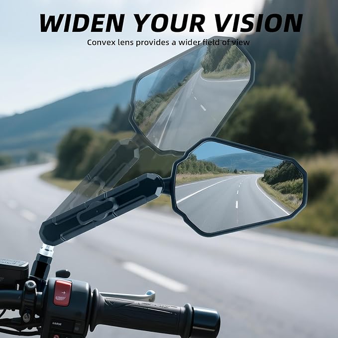 Adventure Motorcycle Mirrors - Universal 7/8" Handlebar ATV Mirrors, 360 Adjustable M10 M8 Black Foldable Rear View Mirror Compatible with ATV, Scooter, Street Bike, Dirt Bike, Snowmobile and More