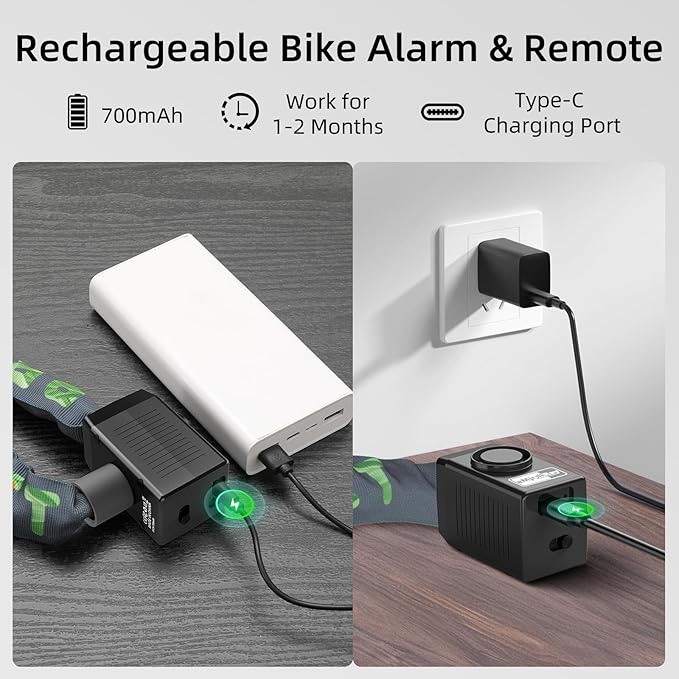 Bike Chain Lock with Alarm 8mm x 4ft E Scooter Lock Anti-Theft Alarm 110dB Security Heavy Duty with USB C Cable and 3 Keys for Bike/E Scooter/Motorcycle