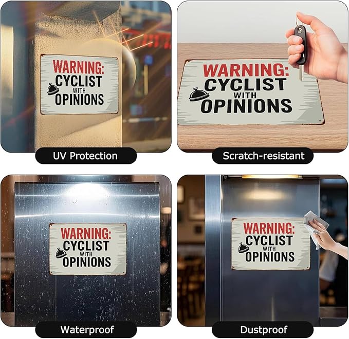 Warning Cyclist With Opinions Left Bell Cycling Vintage Funny Wall Decor Retro Metal Sign Poster for Garage Man Cave Bathroom Bedroom Farm Inspirational Popular Wall Art 8x12 Inch Signs Posters