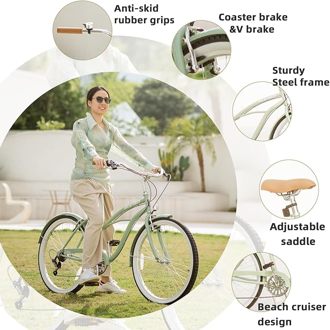 ACEGER 24 26 Inch Women Beach Cruiser Bike, Single Speed and 7 Speed, Adult Hybrid Bike Commuter Bicycle, Hi-Ten Steel Frame with Adjustable Handlebar and Saddle, Multiple Colors