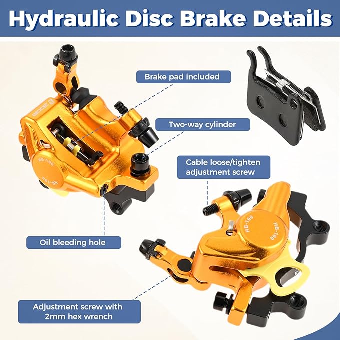HB-100 Line Pulling Hydraulic Disc Brake Calipers, Mechanical Disc Brakes for MTB, Mountain Bike, E-Bike and Electric Bike 2PCS Front/Rear Gold