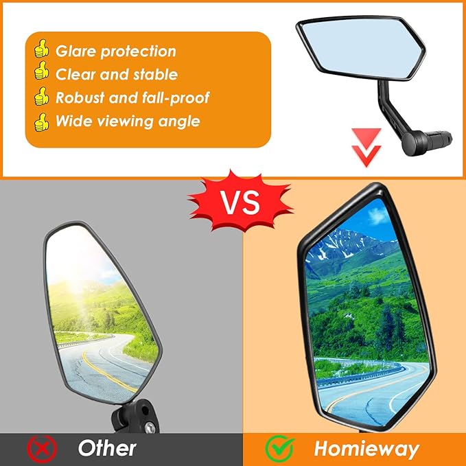 Bike Mirror, Blue Light Glass Lens Bicycle Mirror for Handlebar, HD Anti-scratch Adjustable Bar End Rear View Mirror for E-bike, Mountain Bike, City Bikes & Scooter (Left 0.59-0.78")