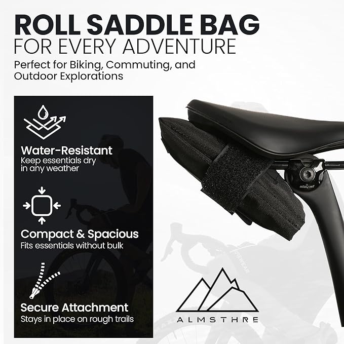 ALMSTHRE Roll Bike Saddle Bag - Midnight Black | 0.5L Compact Bike Seat Bag (5.5" x 4.5") | Premium Weather-Resistant Ripstop, Reinforced Ride Armor, 3 Organization Pockets with Mesh Zipper