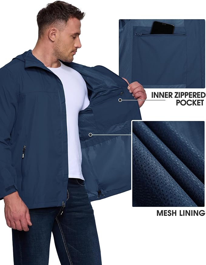 Outdoor Ventures Men's Packable Rain Jacket Waterproof Lightweight Raincoat with Hood Windproof Cycling Jackets