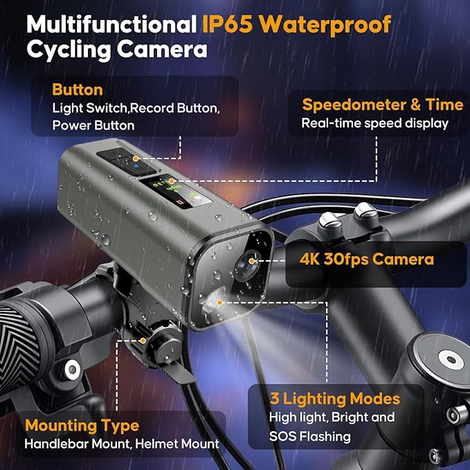 Action Camera 4K 30fps with GPS Tracker, Wireless Bike Camera, Cycling Speedometer/Odometer, Free 64G Card, Anti-Shake Sport DV, IP65 Waterproof, Bicycle Light, Cycling Computer with APP Support, Grey