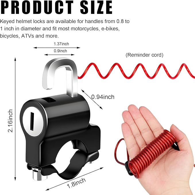 Motorcycle Helmet Anti-Theft Lock, Motorbike and Bicycle Helmet Safety Lock with Two Keys, Handlebar Mounting Tamper-Proof Helmet Security Lock, Motorcycle Accessories (Black+Red)