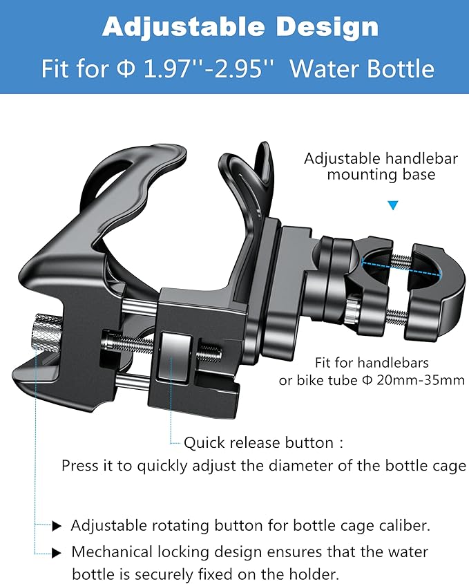 KEWIG Bicycle Water Bottle Holder for Bike & Motorcycle, Adjustable Bike Water Bottle Cages Fit for Diameter 2'' - 3'' Cup, Compatible with Handlebars or Tubes 20mm to 35mm in Diameter