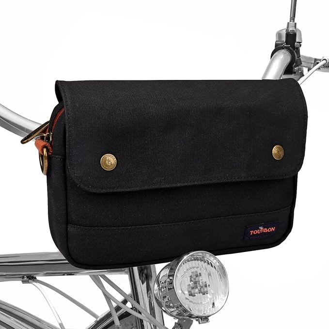 TOURBON Bike Bag Waxed Canvas Bicycle Handlebar Bag Zipper Closure Pouch Crossbar Front Frame Basket Cycling Saddebag Under Seat Strap-on Rear Rack Pannier (Black)