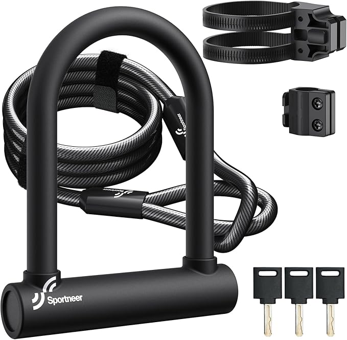 Sportneer Bike U Lock: 18mm Shackle Heavy Duty Bike Lock with 6ft Security Steel Cable - Bicycle U-Locks with Keys and Sturdy Mounting Bracket for Road Mountain Bike Bicycle, Size 7.87''x6.3''