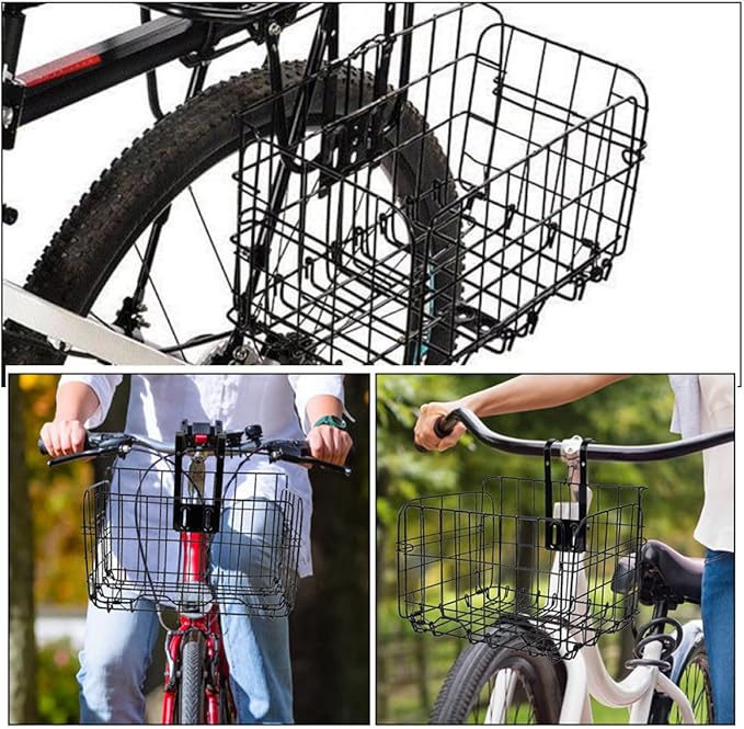 SUPVOX Bike Basket Front and Rear Folding Bicycle Basket, Black 990g Lightweight Portable Handlebar Storage for Mountain and City Bikes, Sturdy Cycling Accessory for Outdoor Riding