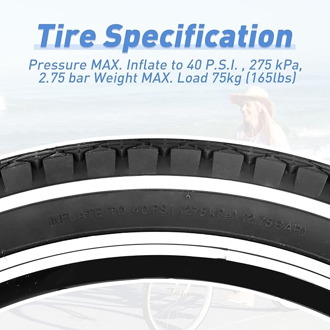 20"/24"/26" x 2.125" Folding Replacement Bike Tires for Beach Cruiser Bike，Bicycle Tires for Commuter Bikes，White Wall，1/2Tires & 1/2 Tubes & 2 Levers