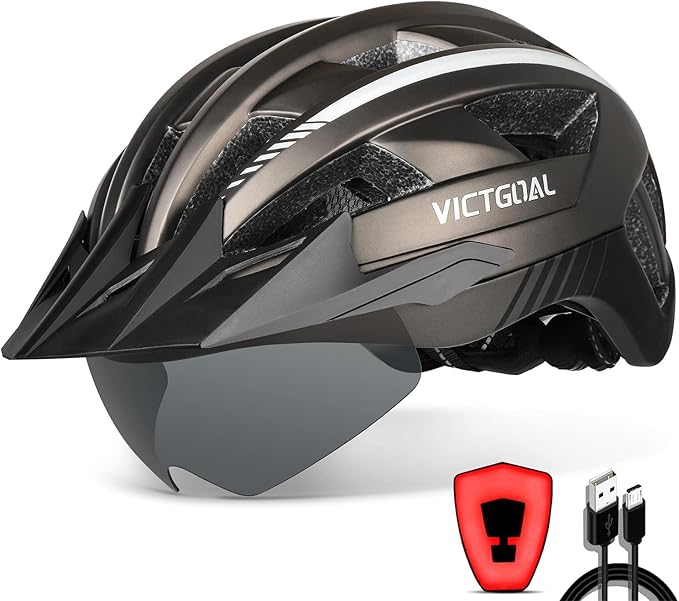 VICTGOAL Bike Helmet with USB Rechargeable Rear Light Detachable Magnetic Goggles Removable Sun Visor Mountain & Road Bicycle Helmets for Men Women Adult Cycling Helmets