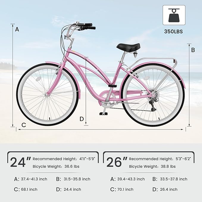 MOPHOTO 24" 26" Adult Bike 7-Speed Beach Cruiser Bike for Adults, Rear Rack, Fenders, Step-Through or Classic Frame