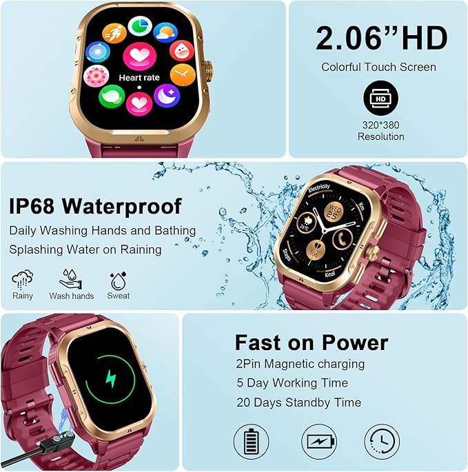 GPS Smart Watch (Answer/Make Calls), 2.06" Smartwatch for Women with Sleep Heart Rate Step SpO2 Monitor, Voice Assistant, IP68 Waterproof Activity Tracker, 100+ Sport Modes Fitness for Android/iPhone