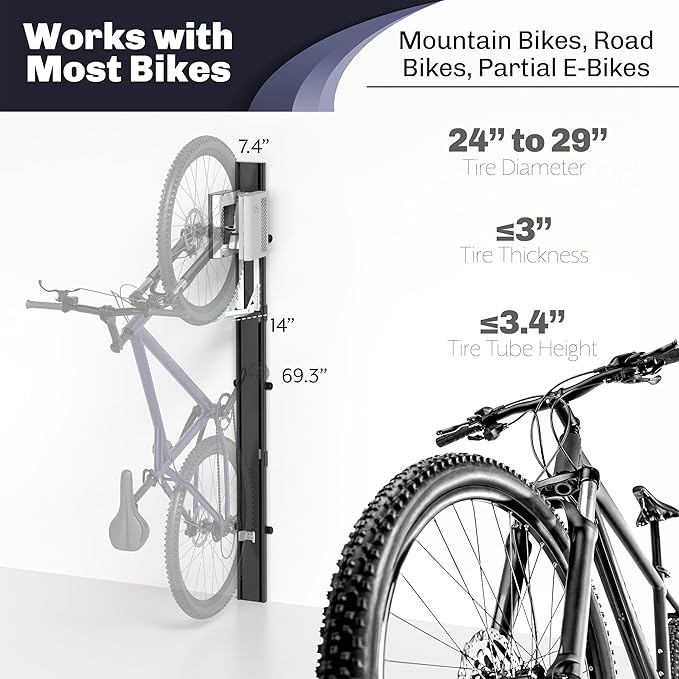 Life Finds Vertical Wall-Mounted Bike Rack with Mechanical Lift, Easy Bicycle Storage, Black, LF-EBR1
