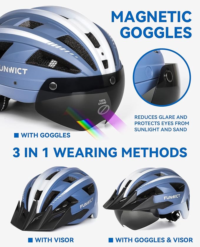 Adult Bike Helmet with Visor and Goggles for Men Women Mountain Road Bicycle Helmet Rechargeable Rear Light Cycling Helmet