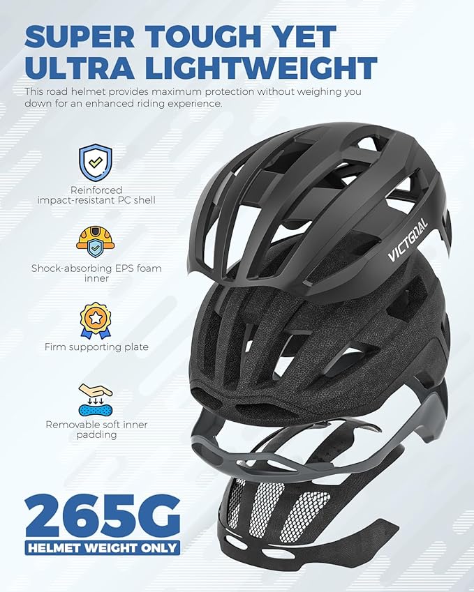 VICTGOAL Road Bike Helmet Adult Men Women with Detachable Magnetic Rear Light, Bicycle Helmet Adjustable Breathable Road Cycling Helmet for Road Mountain Riding