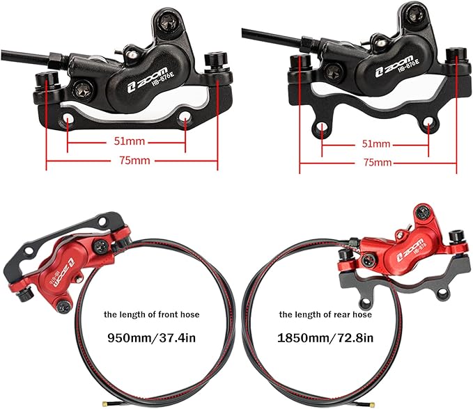 Zoom HB876E 2-PIN/3-PIN 4-Pistons E-Bike Electric Power-Off Hydraulic Brake Set with 180mm Rotors, Pre-Bled Hydraulic Disc Brake Caliper Lever for eBike (Included Mounting Adapter)