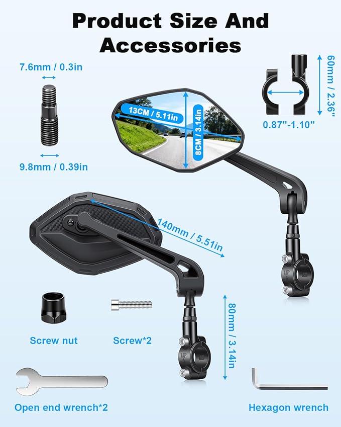 WSDCAM Bike Mirror HD Wide View, Adjustable Safety Rear View Mirrors, Scratch Resistant Glass Lens, Bicycle Accessories Universal Fit 0.87-1.10" Handlebars Mountain/Road bike Scooter Motorcycle eBike