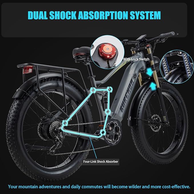 Electric Bike for Adults 1500W Peak 30 MPH E-Bike 70-140 Mile, 48V 20/40 Ah Removable Battery, 26" Fat Tire Electric Dirt Bike, Full Suspension, Dual Hydraulic Disc Brakes, 7 Speed