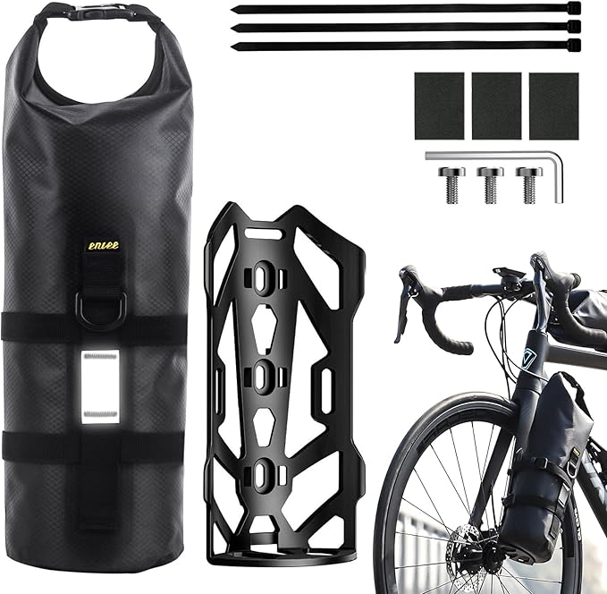 ENLEE 1pack Front Bike Fork Bag with Multipurpose Cage, 5L Waterproof Dry Bike Bags for Bicycles, Lightweight Portable Roll Top Design Bike Packing Fork Bags, Suitable for Fat Frame Mountain Bikes