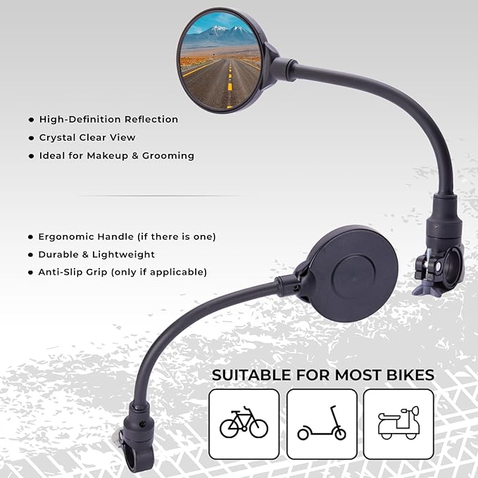 Bike Mirror Handlebar Mount (1 Pcs) 360° with 2 straps, Adjustable Bike Rear View Mirror with Anti-Glare, Shatterproof-mirrors for ebike, Scooter, Mountain & Road Bikes