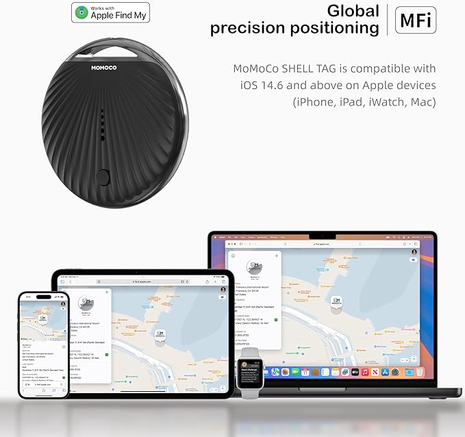 MoMoCo GPS Tracker – iOS Only No Subscription Required, Portable Real-Time GPS Tracking Device for Dogs,Compatible with Apple Find My, Location Tracker for Vehicles/Keys/Luggage (Black)