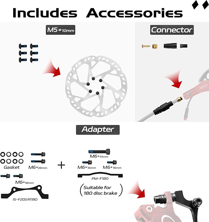 E-Bike Hydraulic Disc Brake Set 4-Pistons/2-Pistons,2-PIN/3-PIN Pre-Bled with Mineral Oil Brakes Kit,Front and Rear Set,180mm 2.3mm Thick Rotors