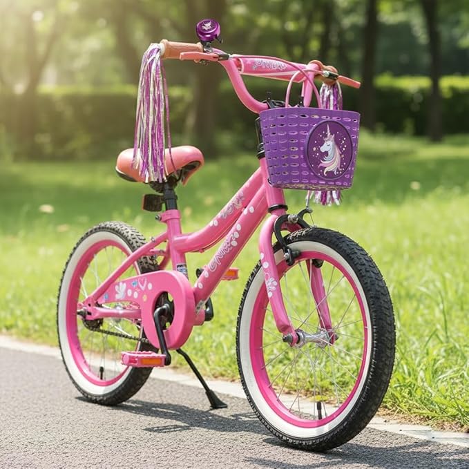 Kids Bike Bell with Streamers, Purple and Green, Unicorn and Dinosaur Theme, Bicycle Accessories