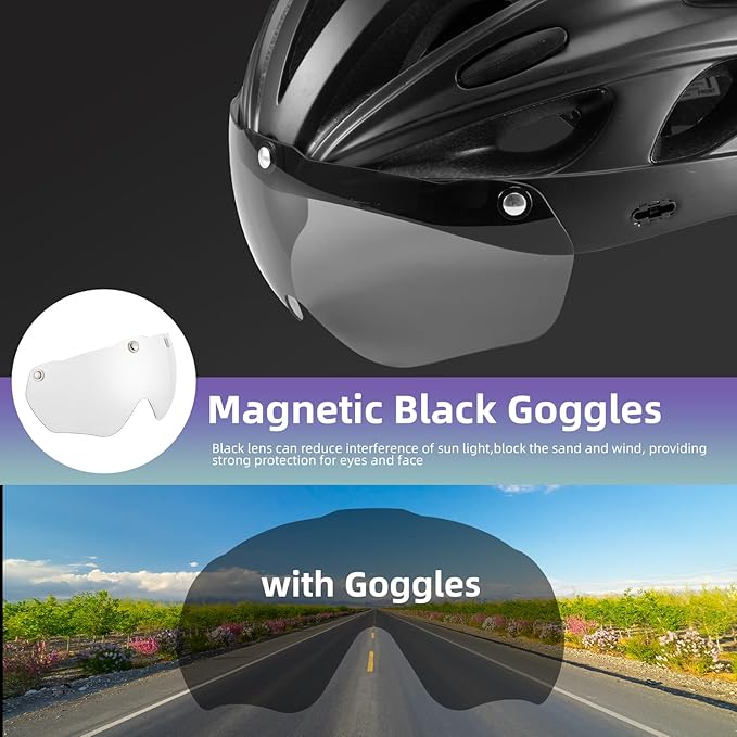 ROCKBROS Bike Helmet for Adult Men Women with Suggested Fit 58-65cm, Detachable Magnetic Goggles & Sun Visor, Lightweight with Adjustable Side and Chin Strap, Suitable for Myopia Glasses