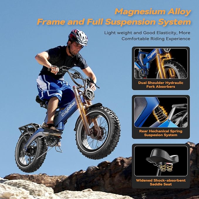 2000W/3000W Peak Motor Electric Bike for Adults, 48V/52V 25AH/30AH Battery Full Suspension Foldable Ebike, 20"x4.0" Fat Tires 35MPH Dirt Bike, 100/120 Miles Hydraulic Brake Magnesium Alloy Motorcycle