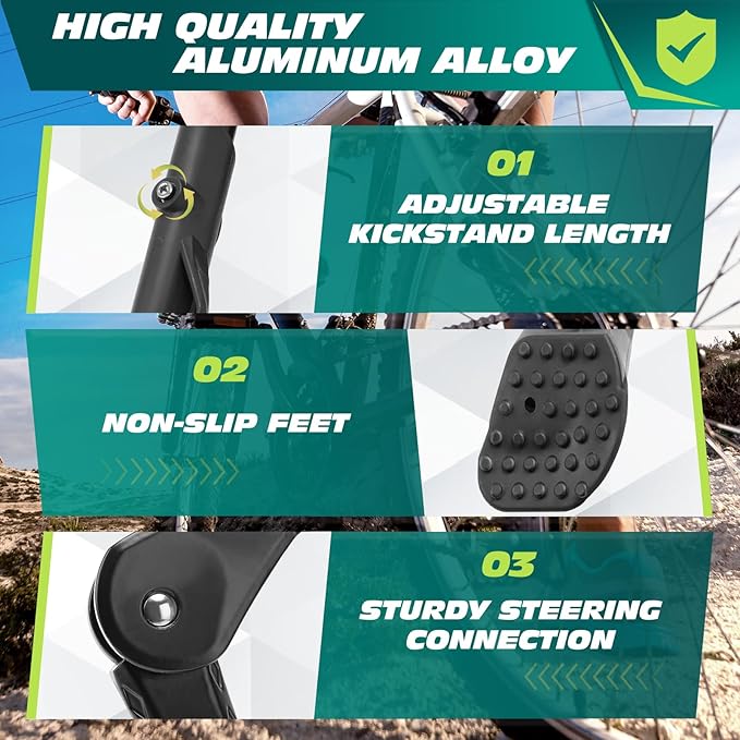 Bike Kickstand 24" to 29" Heavy Duty Adjustable Rear Mount Aluminum Alloy Bicycle Kickstand for Electric Mountain Road Adult Bikes 2 Holes