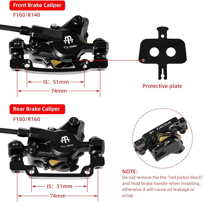 E-Bike Hydraulic Disc Brake Set, 2-PIN 2-Pistons Electric Power-Off Hydraulic Brakes Set, Left Front 950mm Right Rear 1880mm Pre-Bled with Mineral Oil Brakes Kit for eBike, MTB, Scooters