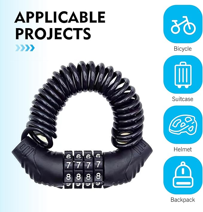 Motorcycle Helmet Lock, Four-Digit Code Portable Anti-Theft Combination Lock, Retractable to 59" Chain for Cabinet Luggage Stroller Bicycle, Heavy Duty Caribeaner Design (Black)