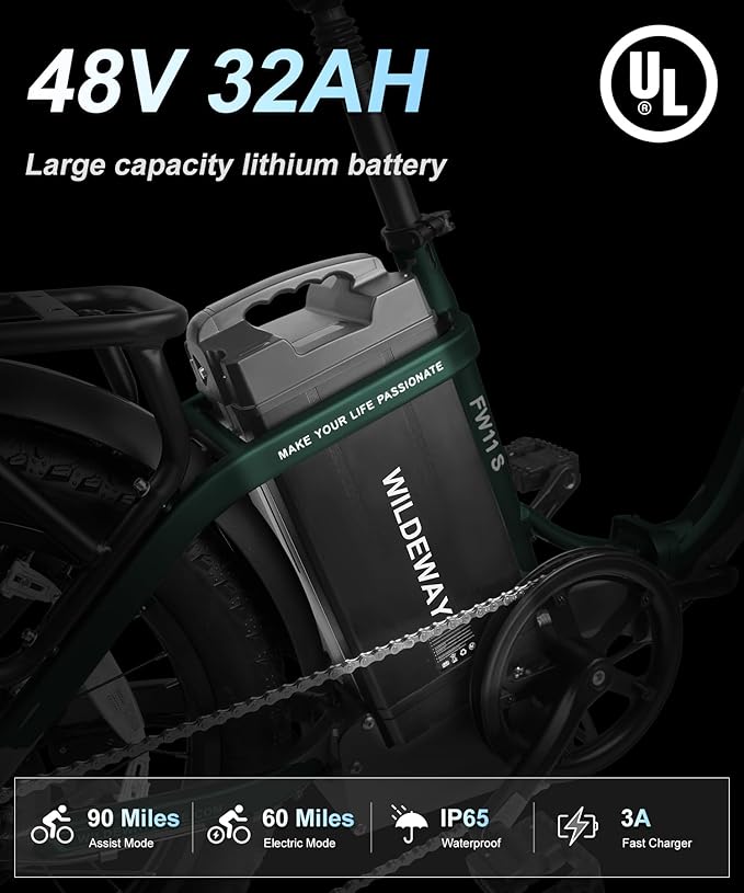 Wildeway Folding Electric Bike for Adults with 750W Motor 32Ah Battery Long Range FW11 Ebike 20 * 3.0 Fat Tire Foldable Adults Electric Bicycle for Men Women City Commuter Delivery 2 Seat