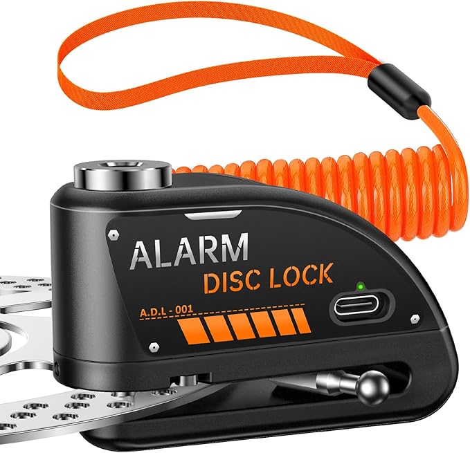 ONVIAN Motorcycle Disc Brake Lock with 120dB Alarm, Rechargeable Waterproof Motorcycle Locks Anti Theft for 7mm Motorcycle Brake Helmet Scooter Wheel Lock 5FT Reminder Cable (Black)