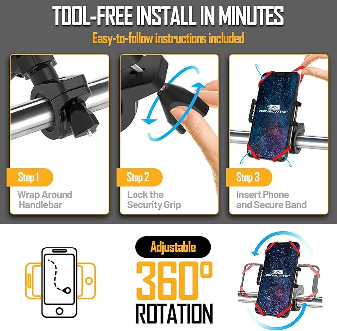 TruActive Premium Bike Phone Mount Holder for Kids and Teens | Universal Cell Phone Mount for 4"-7" Phones | Includes 6 Reusable Color Bands | Tool-Free Handlebar Mount Install for Boys & Girls Bikes